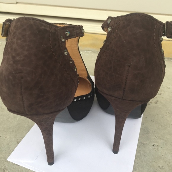 LANVIN blk & brn satin & leather with rhinestones HEELS with a buckle shoes ๐HP - Picture 3 of 13